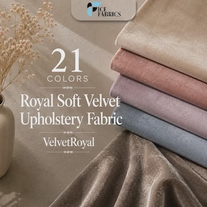 Puede incluir: Una pila de tela de tapicería Royal Soft Velvet doblada en varios tonos, incluyendo beige, rosa empolvado, malva y azul pizarra. El texto dice ICE FABRICS, 21 COLORS, Royal Soft Velvet Upholstery Fabric y VelvetRoyal. Se ve un florero.