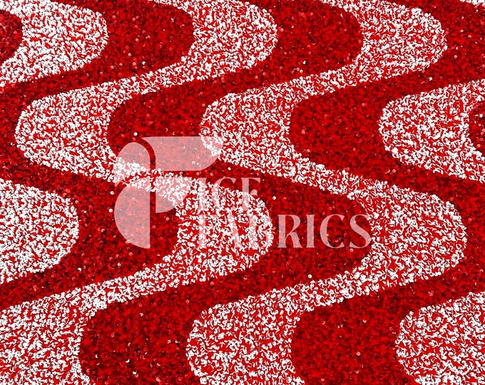 Wavy Sequin Stretch Velvet Fabric by The Yard - 60" Wide Red White on Red Velvet for Apparel, Costume, Decor
