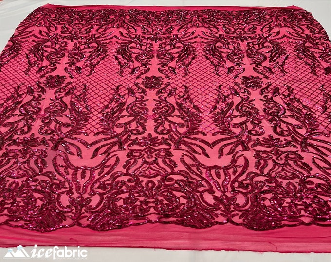 Mia Geometric Sequin Fabric By The Yard | 4 Way Stretch Fabric | Sequin Geometric Embroidery Fabric | Fuchsia