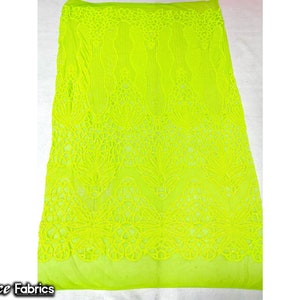 Neon Yellow 4 Way Stretch Sequin fabric by the yard | Embroidery Lace Fabric On Mesh Spandex Sequin Fabric