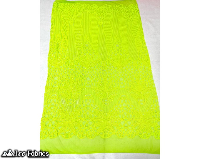 Neon Yellow 4 Way Stretch Sequin fabric by the yard | Embroidery Lace Fabric On Mesh Spandex Sequin Fabric