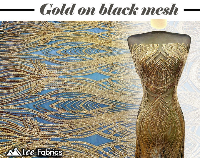 Peacock Gold 4 Way Stretch Sequins Fabric | By The Yard | Gold on Black Mesh nylon Spandex Fabric | With Embroidery Sequin Lace Fabric