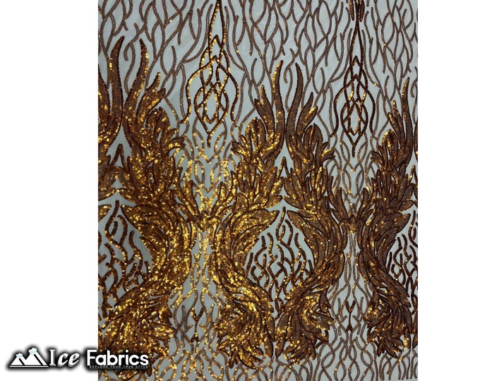 Tree Design Sequin Fabric By The Yard | Orange on Nude Mesh 4 way Stretch Spandex Fabric | Embroidery Lace on Mesh
