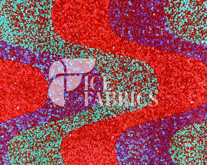 Wavy Sequin Stretch Velvet Fabric by The Yard - 60" Wide Neon Orange Green Purple Iridescent on Orange Velvet for Apparel, Costume, Decor