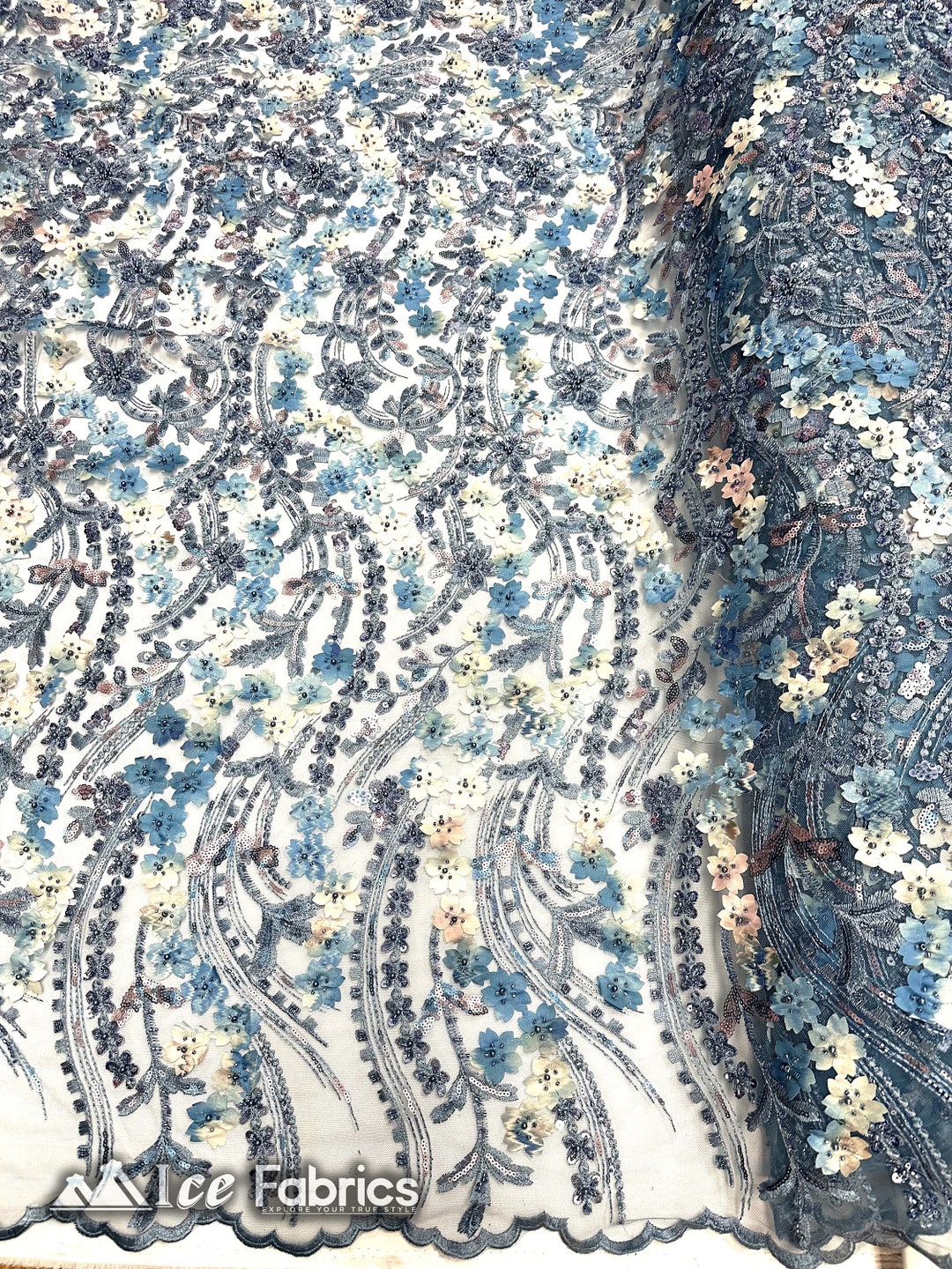 Light Blue 3D Flowers Floral Embroidery Lace Fabric Beaded Fabric by ...