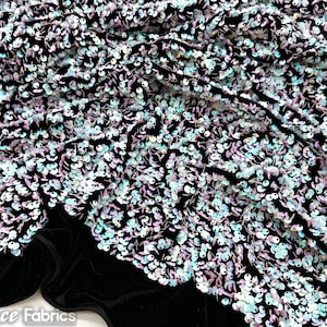 Luxury Stretch Velvet Sequin Fabric Iridescent White Blue on Black Velvet By The Yard | Full All Over Sequin ( 5mm) on stretch Velvet Fabric