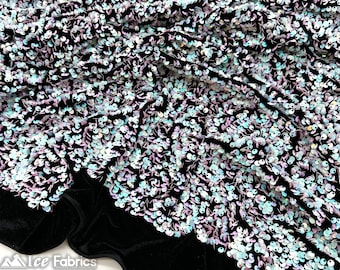 Luxury Stretch Velvet Sequin Fabric Iridescent White Blue on Black Velvet By The Yard | Full All Over Sequin ( 5mm) on stretch Velvet Fabric