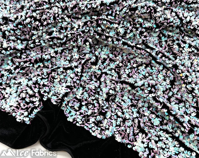 Luxury Stretch Velvet Sequin Fabric Iridescent White Blue on Black Velvet By The Yard | Full All Over Sequin ( 5mm) on stretch Velvet Fabric