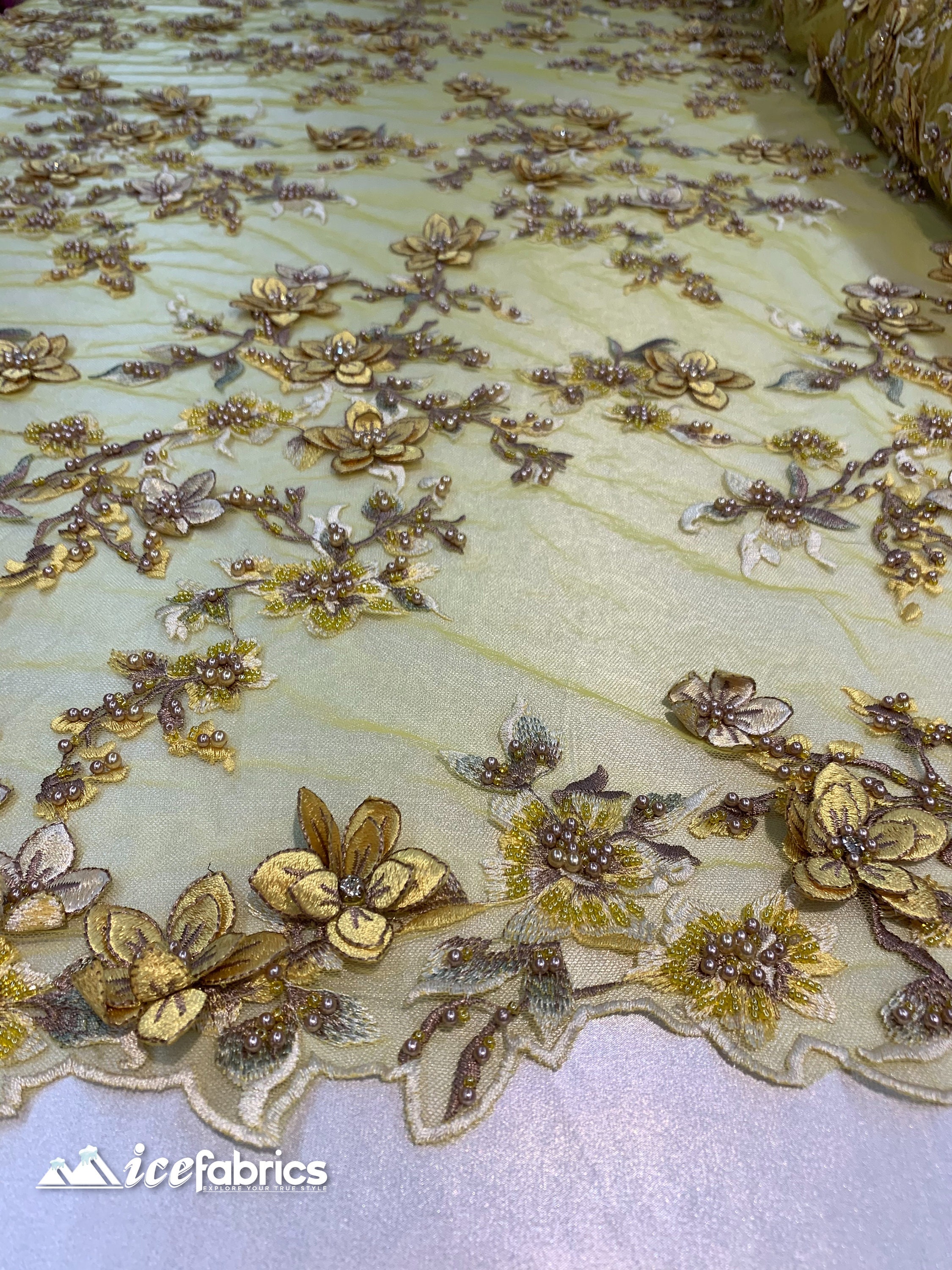 Luxury Beaded Fabric By The Yard_ 3D Flowers Lace Fabric On a Mesh