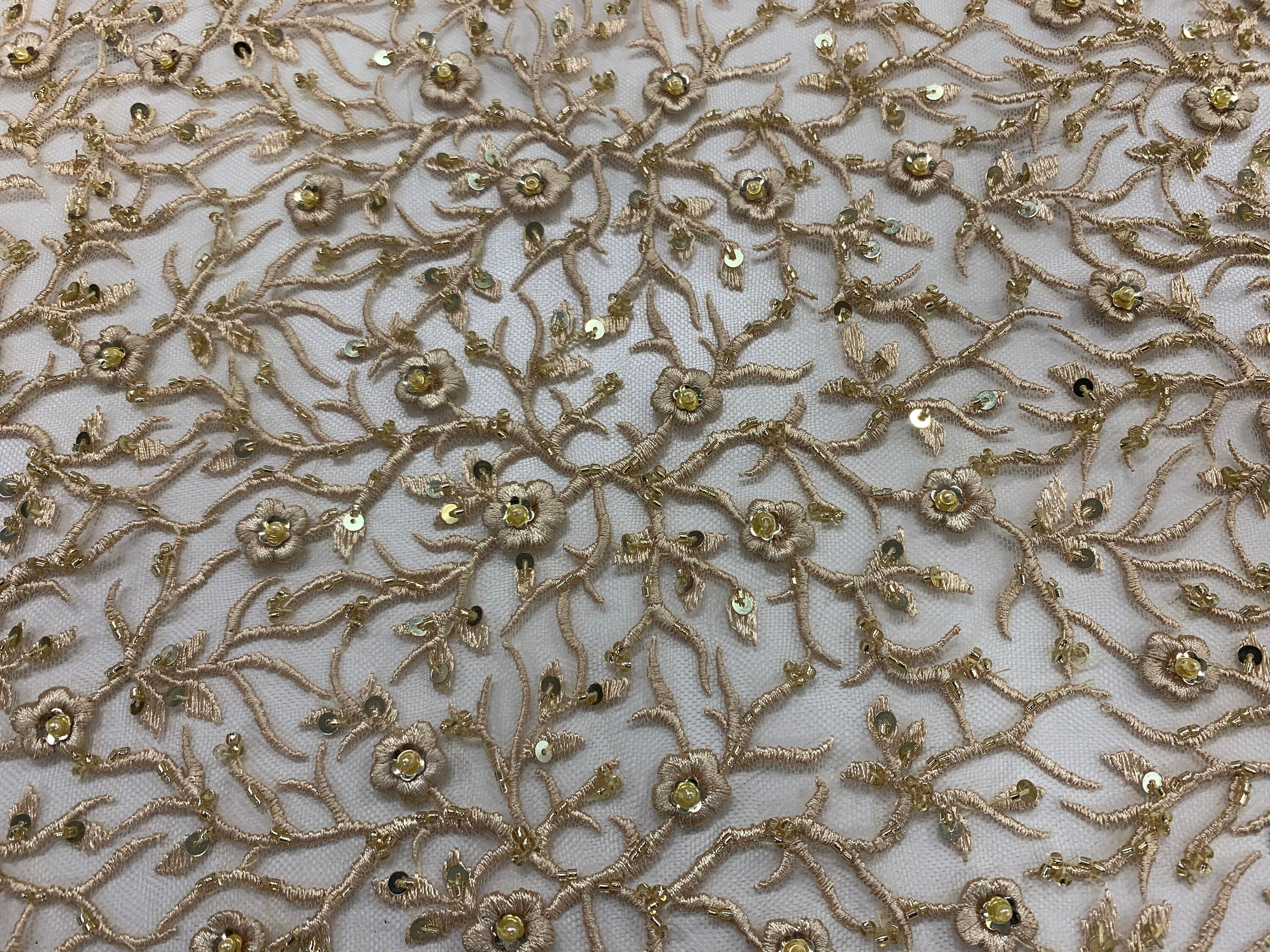 Gold BEADED FABRIC By The Yard_ Flowers Floral Fabric Etsy