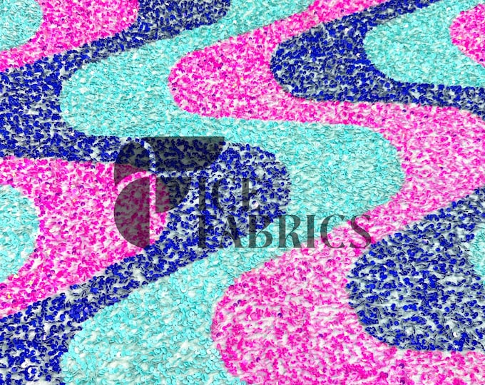 Wavy Sequin Stretch Velvet Fabric by The Yard - 60" Wide Aqua Neon Pink Purple on Aqua Velvet for Apparel, Costume, Decor