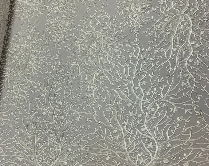 Ivory_ Floral Lace Fabric Sold By The Yard_ Mesh Lace Bridal Fabric_ Wedding Lace, Floral Lace, Light Lace, Soft Lace.
