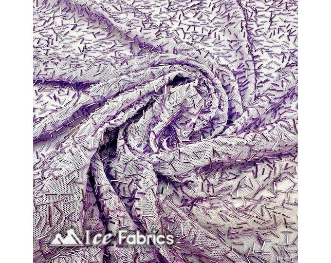 Lilac 4-Way Stretch Embroidered Lace Beaded Fabric | Power Mesh by the Yard | Dangle Beaded Fabric