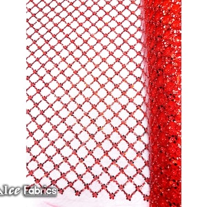 Red Geometric Embroidery Sequin Beaded Fabric  By The Yard | Handmade Embroidered Lace Sequin Fabric on Mesh Fabric
