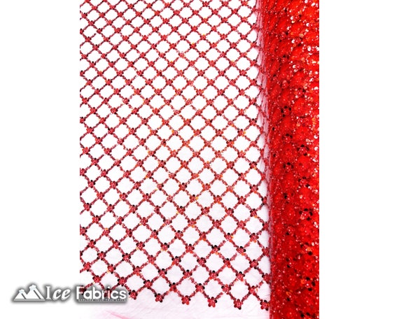 Red Geometric Embroidery Sequin Beaded Fabric By The Yard Handmade  Embroidered Lace Sequin Fabric on Mesh Fabric