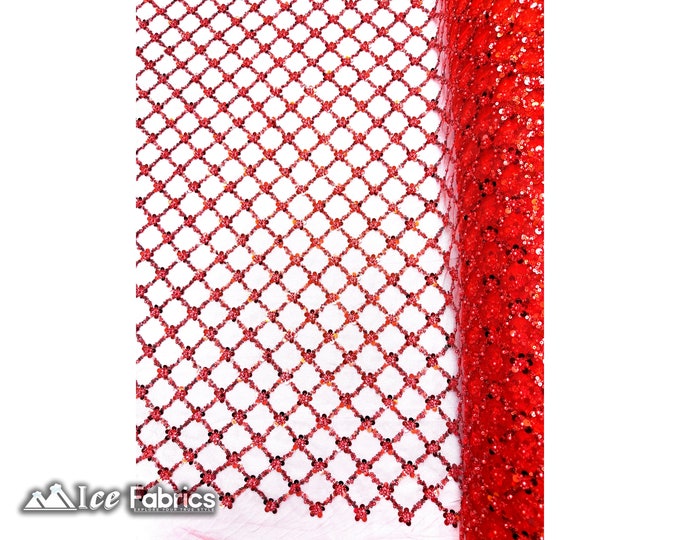 Red Geometric Embroidery Sequin Beaded Fabric  By The Yard | Handmade Embroidered Lace Sequin Fabric on Mesh Fabric