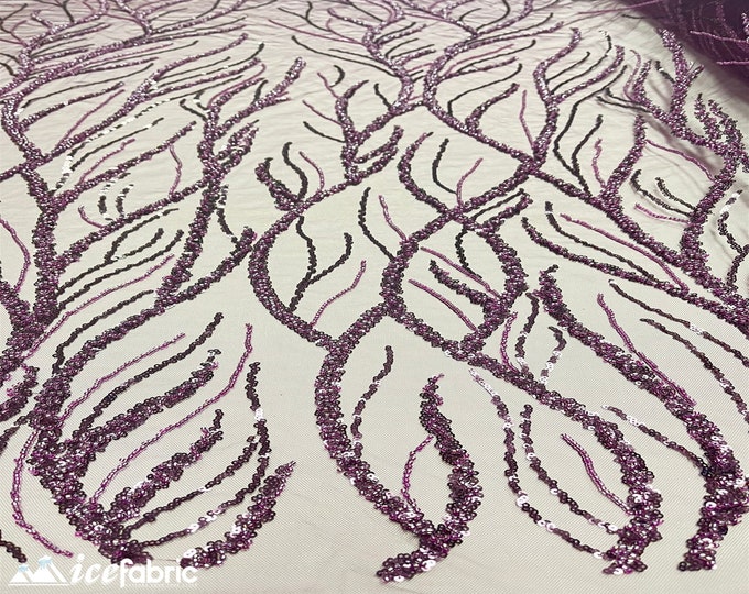 Plum Handmade Heavy Beaded Fabric By The Yard | 52’’ Wide | Handmade Embroidery Beaded Lace Fabric with Sequin
