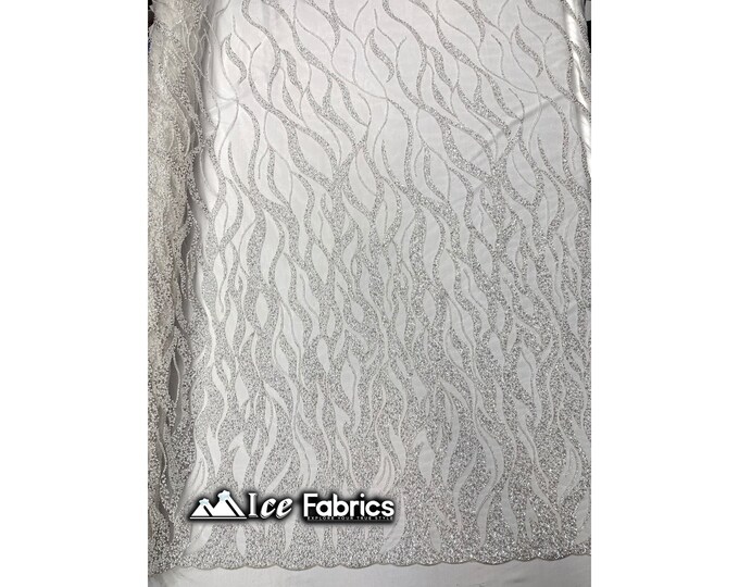 Elegant Embroidery Off White Beaded Fabric By Yard | Heavy Handmade Lace Fabric on Mesh | Beaded with Sequin Fabric on Tulle Mesh (2626)