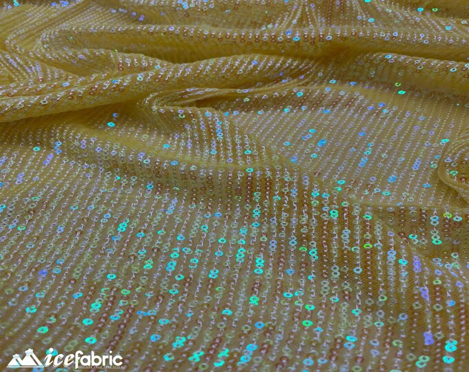 Elegant Iridescent Yellow Mini Sequin Fabric By The Yard | 2 Way Stretch Mesh Fabric | Horizontal Stretch | Embroidery All Over Sequin