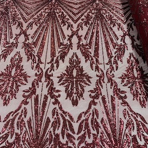 Burgundy Sequin Fabric By The Yard _ Geometric 4 Way Stretch Sequin Embroidery Lace On Burgundy Spandex Mesh