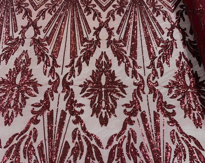 Burgundy Sequin Fabric By The Yard _ Geometric 4 Way Stretch Sequin Embroidery Lace On Burgundy Spandex Mesh
