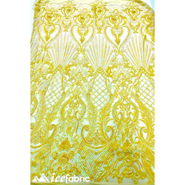 Diba Sequin Fabric By The Yard (Iridescent Yellow) 4 Way Stretch Sequin Fabric _ Geometric Pattern Lace on Mesh _ Prom Dress and much more