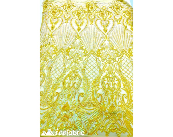 Diba Sequin Fabric By The Yard (Iridescent Yellow) 4 Way Stretch Sequin Fabric _ Geometric Pattern Lace on Mesh _ Prom Dress and much more