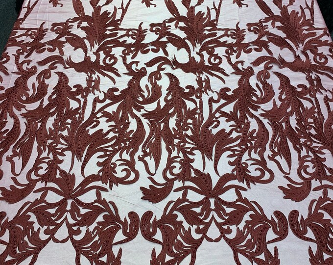 ONE Yard Mesh Lace Embroidered Fabric Leafs Design With Stones (Burgundy) High Quality Lace For Wedding/Prom/ Night Gowns Dress/ Fashion.