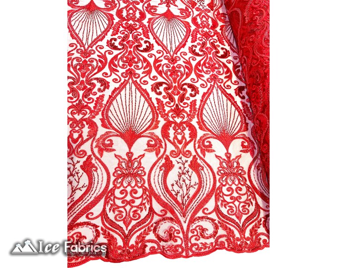 Luxurious Red Embroidered Beaded Fabric By The Yard | Handmade beads Lace on Mesh Fabric | Damask Beaded