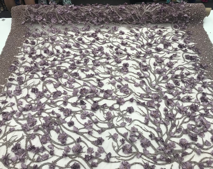Lavender Design Beaded Mesh Lace Fabric Bridal Wedding Sold By Yard clothing, jackets, dresses,skirts, applications, table covers, runners