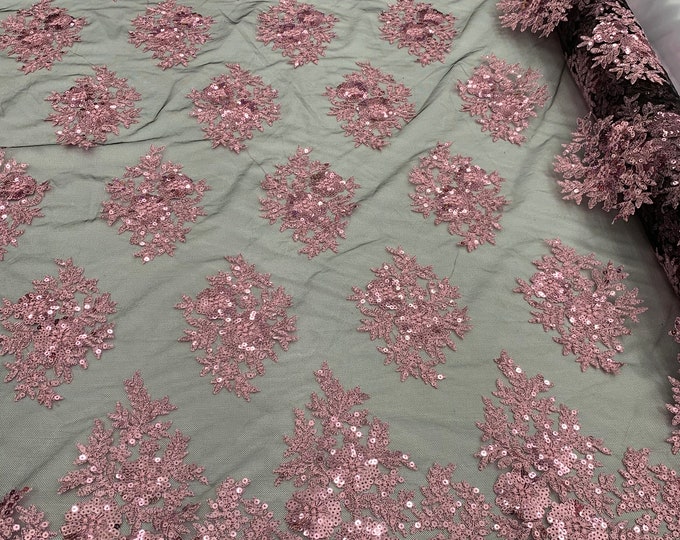 Pink,Black_ Floral Lace Fabric By Yard_ Embroidered Corded Metallic Flowers On Mesh Lace Fabric With Sequins_Dress,Gowns,Tablecloths,Costume