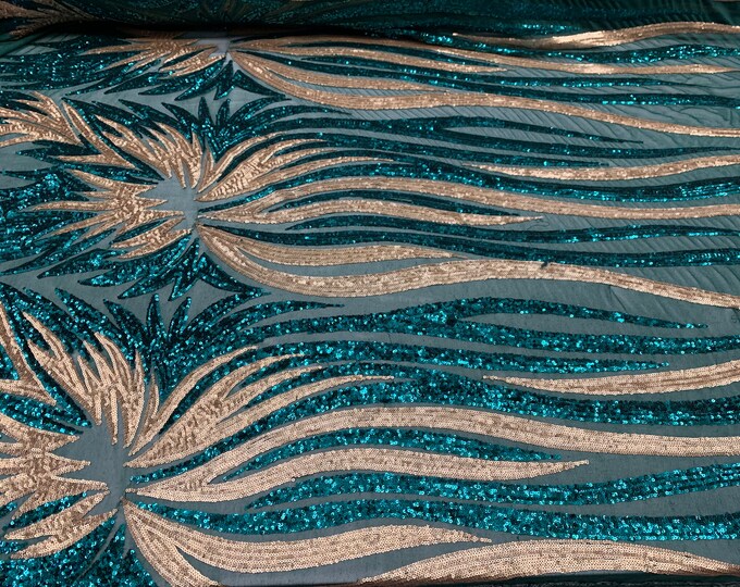 Hunter green _ FEATHER Floral French Sequins// Spandex Mesh 4 Way Stretch Sequins Mesh Lace Fabric By The Yard//Sequins Stretch Prom Lace