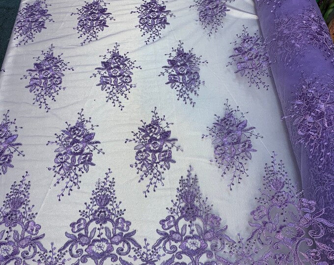 Hand Made Mesh Lace Embroidery Fabric By The Yard (Lilac) Flowers/Floral Lace Soft Mesh For Tablecloths, Runners, Skirts, Costumes, Decor