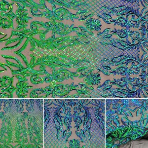 Mia Geometric Sequin Fabric By The Yard | 4 Way Stretch Fabric | Sequin Geometric Embroidery Fabric | Iridescent Green on Black Mesh image 9