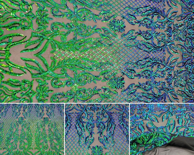 Mia Geometric Sequin Fabric By The Yard | 4 Way Stretch Fabric | Sequin Geometric Embroidery Fabric | Iridescent Green on Black Mesh image 9