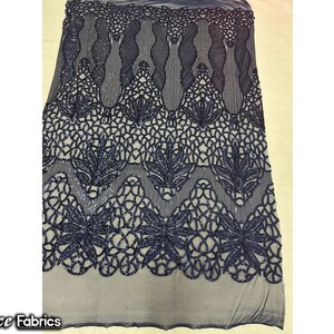 Navy Blue 4 Way Stretch Sequin fabric by the yard | Embroidery Lace Fabric On Mesh Spandex Sequin Fabric