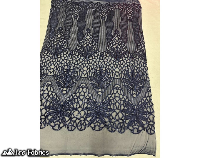 Navy Blue 4 Way Stretch Sequin fabric by the yard | Embroidery Lace Fabric On Mesh Spandex Sequin Fabric