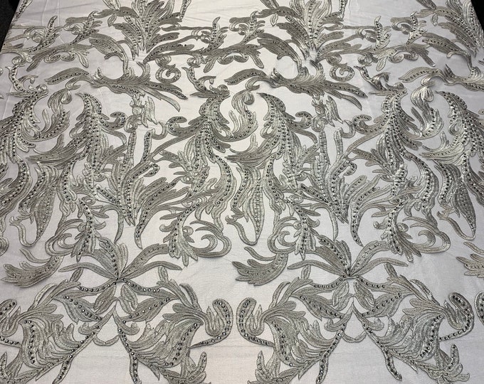 ONE Yard Mesh Lace Embroidered Fabric Leafs Design With Stones (Gray/Silver) High Quality Lace For Wedding/Prom/ Night Gowns Dress/ Fashion.