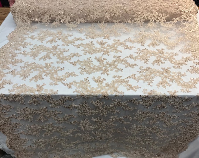 Champagne Mesh Lace Floral Fabric By The Yard_ Embroidery Handmade Floral Lace_ Decor, Night Gowns, Tablecloths, Runners, Skirts, Costumes