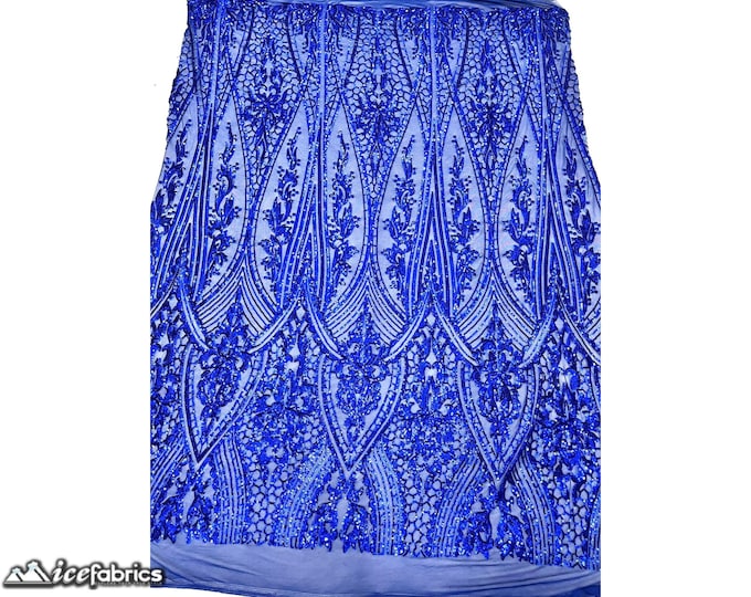 Elizabeth Embroidery Sequin Fabric By The Yard | 4 Way Stretch Fabric | 56” Wide | Royal Blue