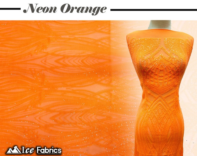 Peacock Neon Orange 4 Way Stretch Sequins Fabric By The Yard  Neon Orange Mesh nylon Spandex Fabric | With Embroidery Sequin Lace