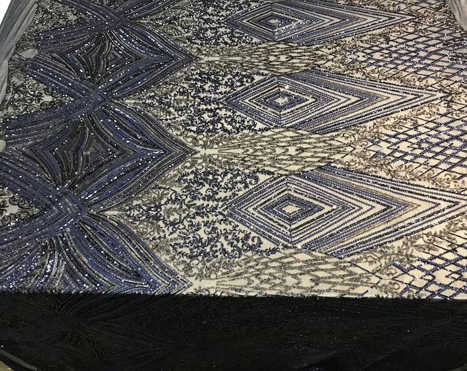 Navy Blue Stretch Sequin Fabric By The Yard/ Embroidered Fabric/ Sequin Lace Fabric/ 4 Way Stretch Mesh Fabric/ Spandex Fabric