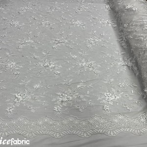 Fashion 3D Flowers Floral Lace Fabric By The Yard | White Embroidery Beaded Fabric with Sequin on Mesh