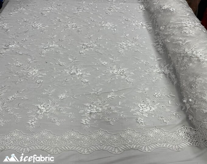 Fashion 3D Flowers Floral Lace Fabric By The Yard | White Embroidery Beaded Fabric with Sequin on Mesh