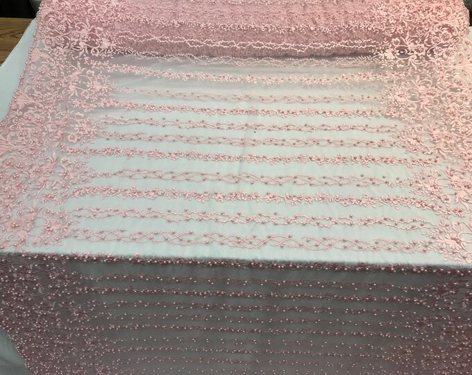 Light Pink Hand Embroidered beaded mesh laces bridal wedding prom dresses decorations night gowns fashion runners customs by the yard