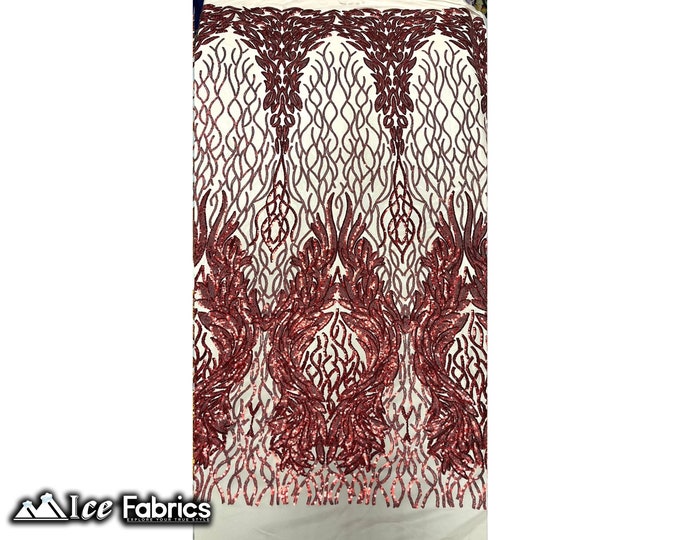 Tree Design Sequin Fabric By The Yard | Red on Nude Mesh 4 way Stretch Spandex Fabric | Embroidery Lace on Mesh