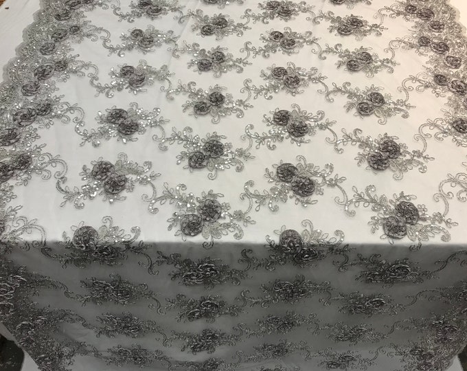 Silver/Gray Embroidered mesh lace Flower Design with sequins by the yard.Floral wedding prom dress,tablecloths,runners,skirts,customs, decor