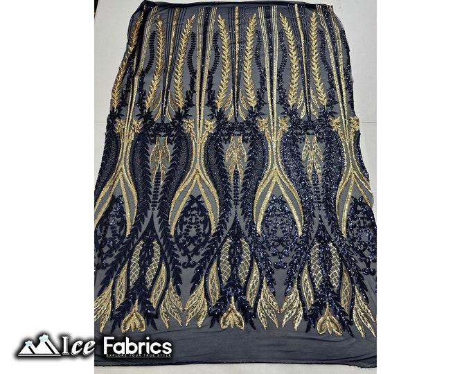 Lucy Damask Sequin Fabric By The Yard | Navy Gold on 4 Way Stretch Mesh Fabric