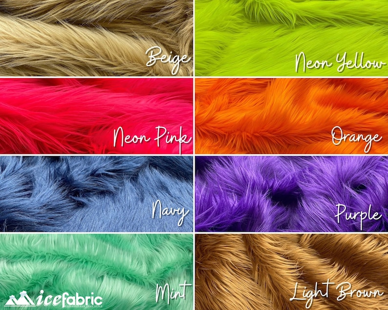 Op de afbeelding: Een raster van acht stalen van imitatiebont met lange haren in verschillende kleuren, waaronder beige, neongeel, neonroze, oranje, marineblauw, paars, mint en lichtbruin. Elk gedeelte is gelabeld met de bijbehorende kleurnaam in witte schrijfletters.