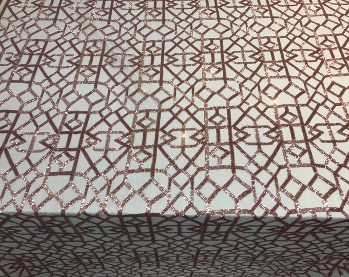 Blush Sequins 4 Way Stretch On A Mesh Lace Embroidery Fabric Geometric Design For Tablecloths/Dresses/Night gowns/ Runners